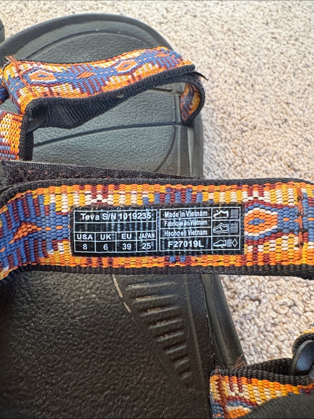 Teva Black Sandals with Orange and Blue Geometric Straps - Picture 3 of 4